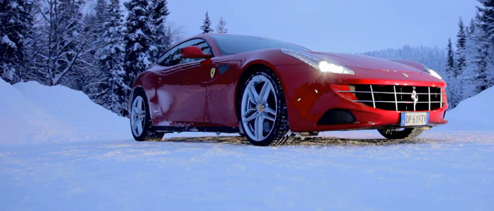 Rally Champion Markku Alen tests the ferrari FF on a snow-covered forest stage